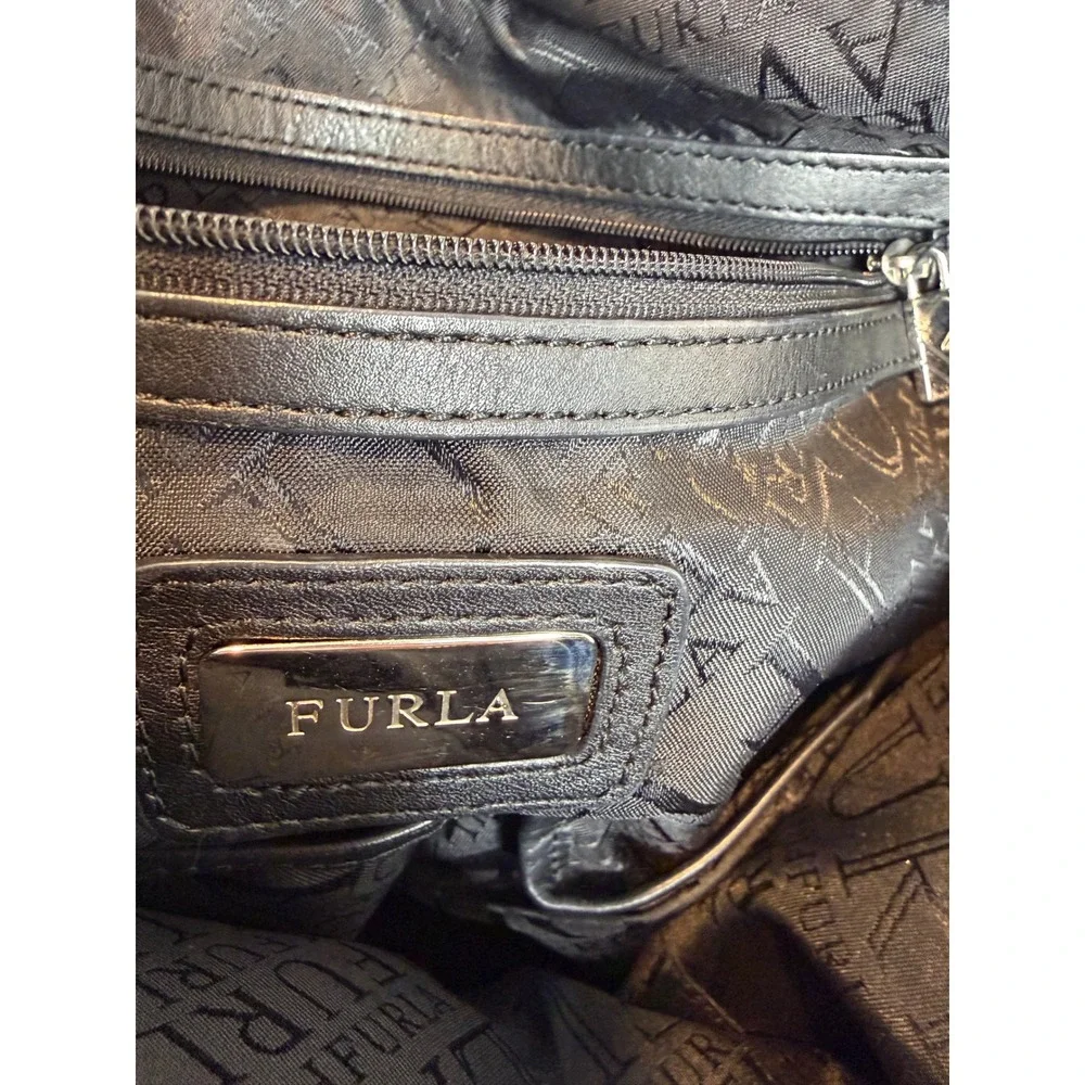 Furla Black Nylon Leather Trim Tote‎ Bag Silver Hardware Vintage Bag